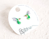 Green Ruby-throated Hummingbird Handmade Stud Earrings