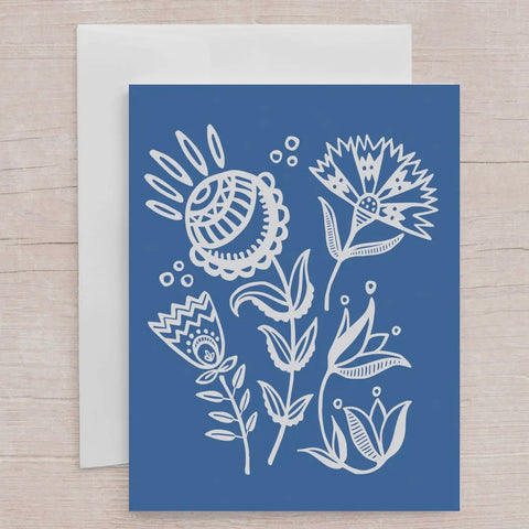 Blue Folk Flowers Card-Any Occasion