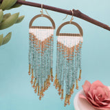 Gold Mint Beaded Fringe Half Circle Earrings