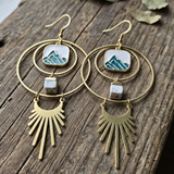 Boho Celestial Mountain Earrings – Mixed Metal & Howlite Stone – 3.5" Gold Dangle Hoops