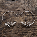 18K White Gold Plated Leaf Branch Open Hoop Earrings | Botanical Celestial Hoop Pair