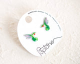 Green Ruby-throated Hummingbird Handmade Stud Earrings