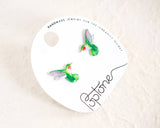 Green Ruby-throated Hummingbird Handmade Stud Earrings