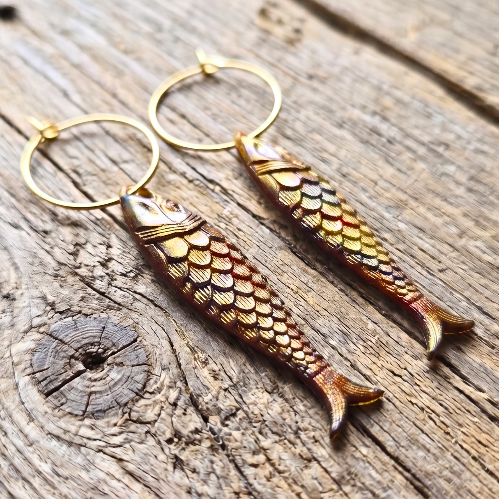 Boho 18k Gold Plated Fish Hoop Earrings – Detailed German Resin Charms – The Waxwing