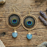 Peacock Feather & Jade Gemstone Dangle Earrings