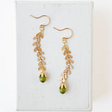 Long Gold Chevron and Green Bead Earrings