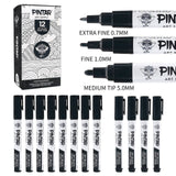 PINTAR Premium Acrylic Paint Pens - Set of 12 Black (4) 0.7mm, (4) 1.0mm, (4) 5.0mm Tips - Smooth-Flowing Japanese Ink - Crafting, Coloring, Drawing, Lettering, Writing Supplies