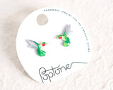 Green Ruby-throated Hummingbird Handmade Stud Earrings