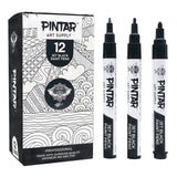 PINTAR Premium Acrylic Paint Pens - Set of 12 Black (4) 0.7mm, (4) 1.0mm, (4) 5.0mm Tips - Smooth-Flowing Japanese Ink - Crafting, Coloring, Drawing, Lettering, Writing Supplies