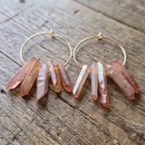 Raw Peach Aura Quartz Crystal Hoop Earrings – 18k Gold Boho Hoops, 30mm