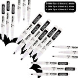 PINTAR Art Supply Professional Outline & Fill Pack - Set of 18 Black/White Paint Markers (6) 0.7mm (6) 1mm (6) 5mm Tips - Smooth-Flowing Japanese Ink