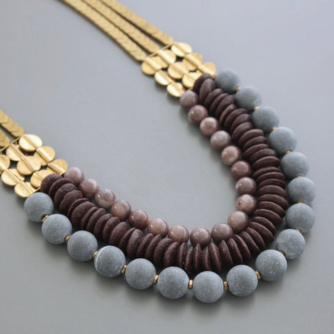 David Aubrey Stone & African Glass Triple Strand Necklace